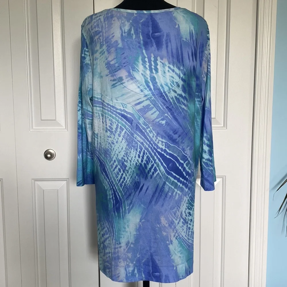 Chico’s 2 Large Blue Tie Dye Patterned Long Sleeve Shirt V-Neck Tunic Top - Picture 2 of 7